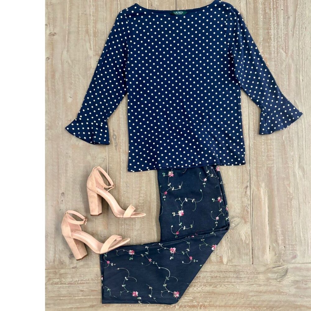 Lauren Ralph Lauren Polka Dot Knit Top Boatneck Ruffle 3/4 Sleeve Fall Navy L - Picture 2 of 5